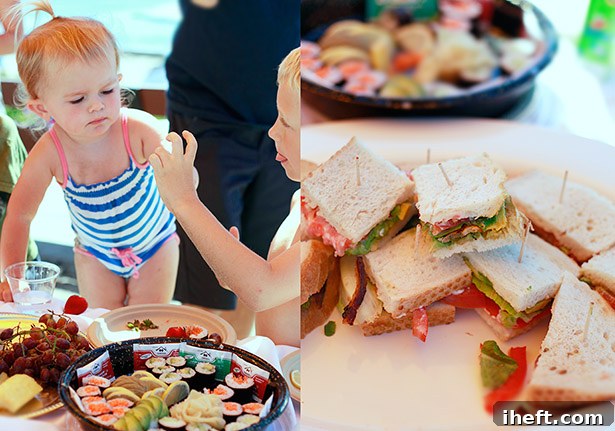 Overhead shot of beach party food setup