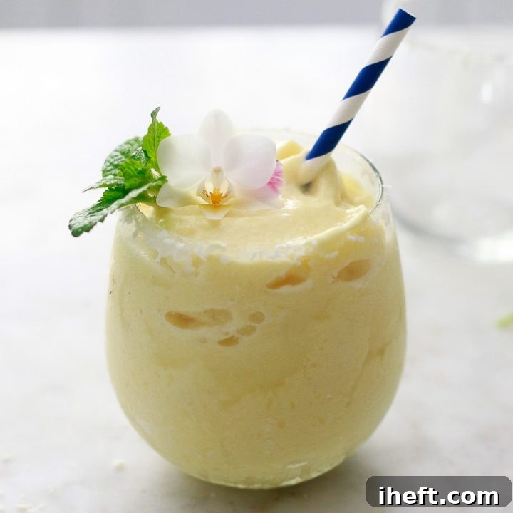 Beautiful healthy virgin pina colada recipe made with frozen pineapple and coconut milk. This easy virgin pina colada is vegan and refined sugar free.