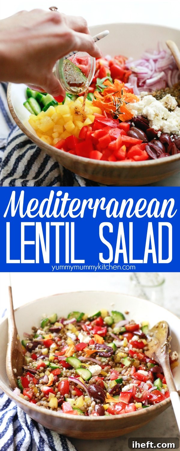 A delicious Mediterranean lentil salad made with cold green lentils, tomatoes, cucumber, olives, and a Greek style vinaigrette. This cold lentil salad is vegetarian or vegan and perfect for meal prep as a jar salad recipe.