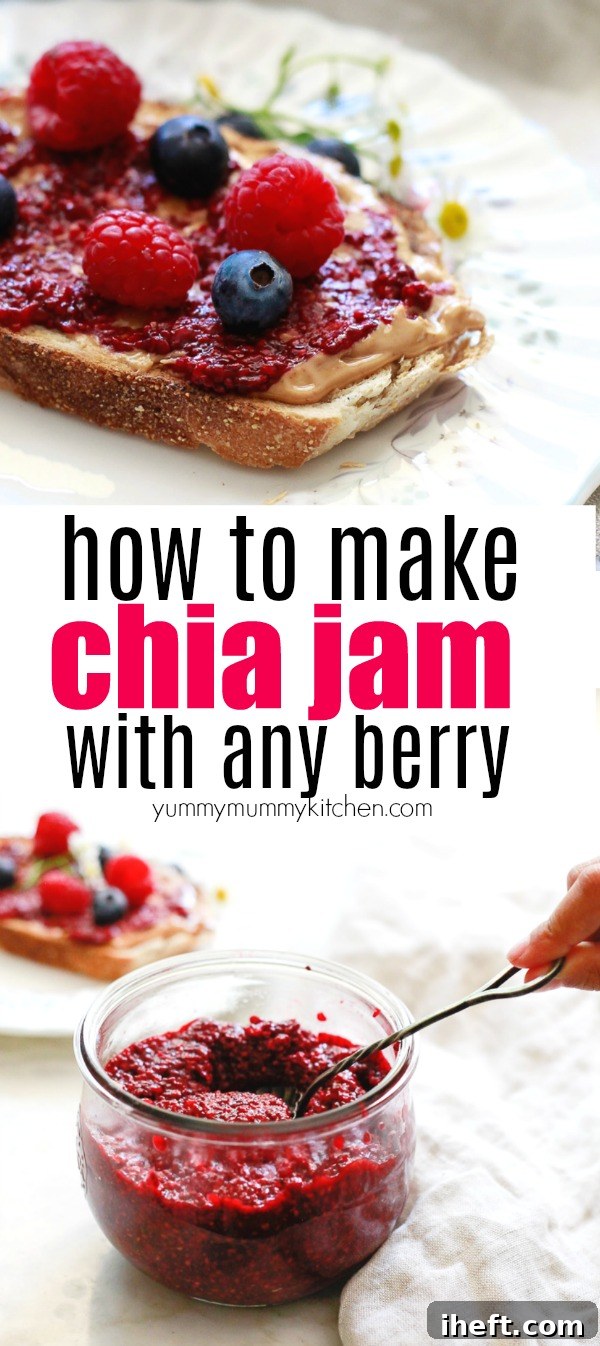 A beautifully composed flat lay image showcasing an easy chia jam recipe. Various berries (raspberries, blueberries, strawberries) are scattered around a glass jar of vibrant chia jam, emphasizing its versatility. The caption highlights it as a healthy, sugar-free refrigerator jam that's delicious on toast, pancakes, and vegan breakfast bowls, naturally vegan and gluten-free.