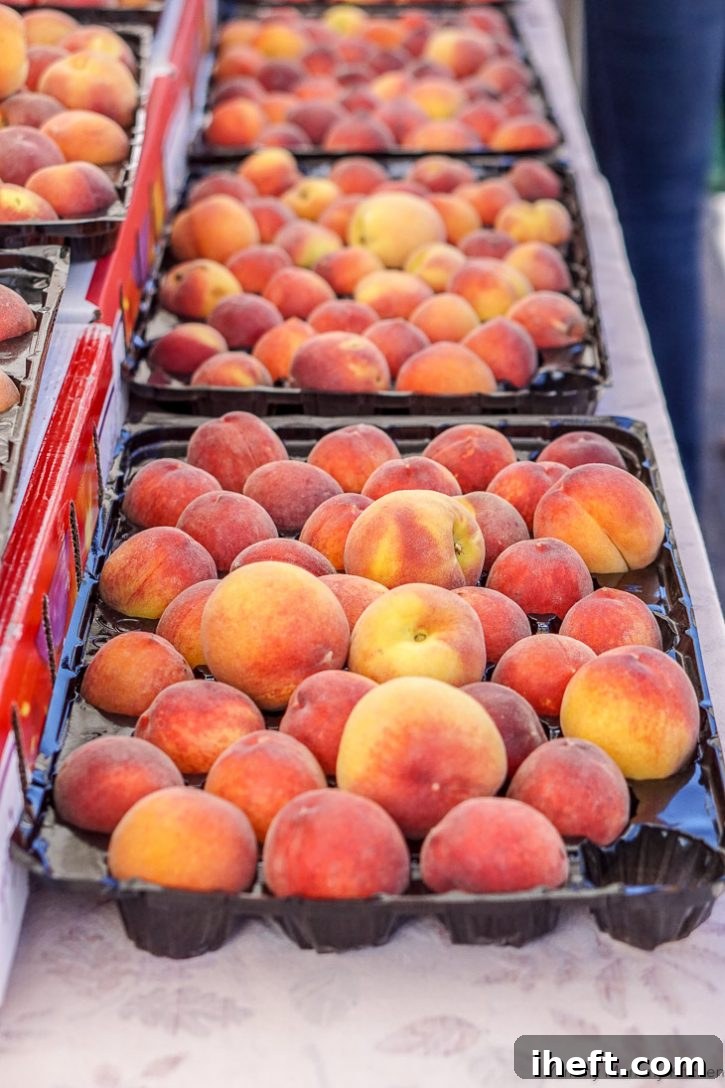 Rows of peaches at the Santa Barbara farmers market. 