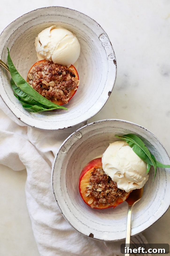 Baked peaches with crisp topping are like individual peach crisps. This beautiful summer dessert is vegan and gluten free. 