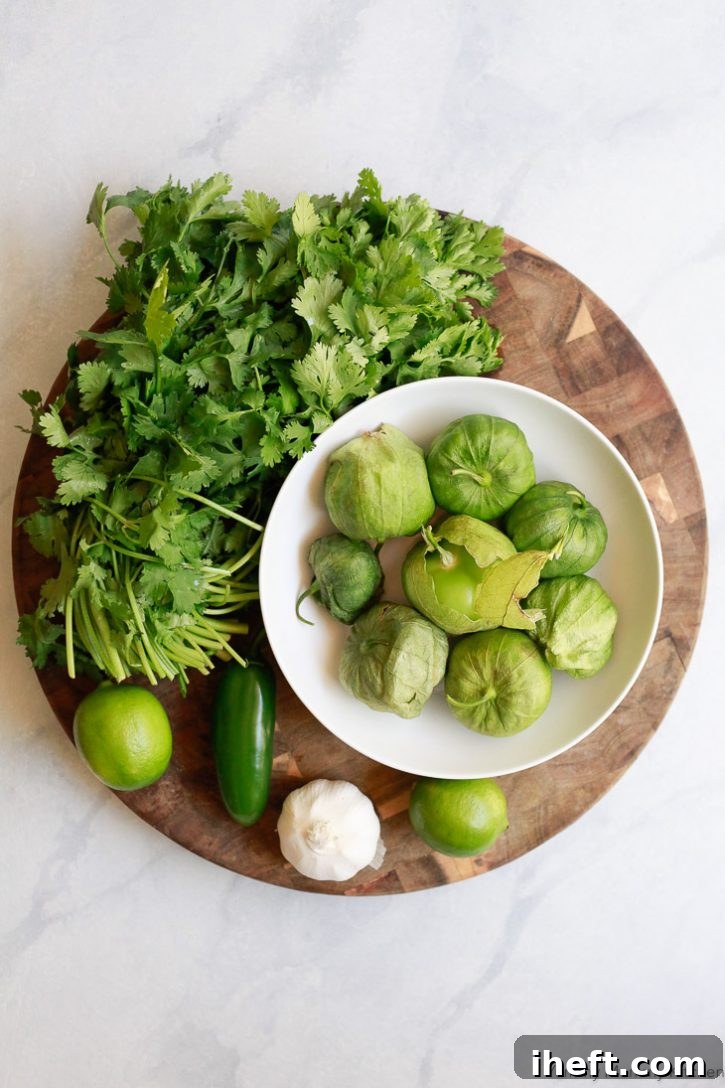 Roasted tomatillo salsa verde ingredients include fresh tomatillos, cilantro, jalapeno, garlic, onion, and lime juice. 