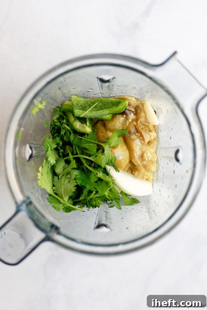 Roasted tomatillos, cilantro, onion, garlic, and jalapeno in a Vitamix blender. 