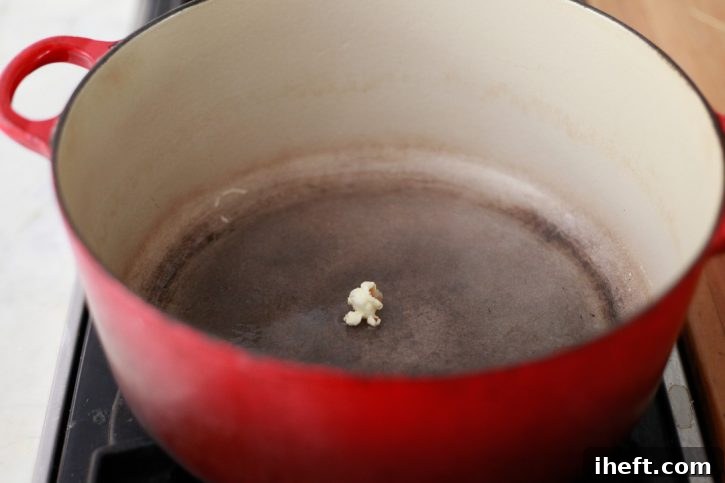 One kernel of popcorn pops in a Dutch oven on the stove, signaling the perfect temperature for popping.