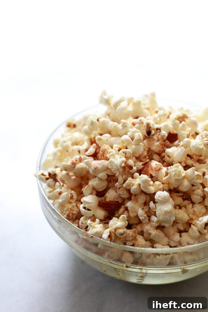 Sweet and salty maple nut stovetop popcorn, a delicious homemade snack or treat that is naturally vegan and gluten-free.