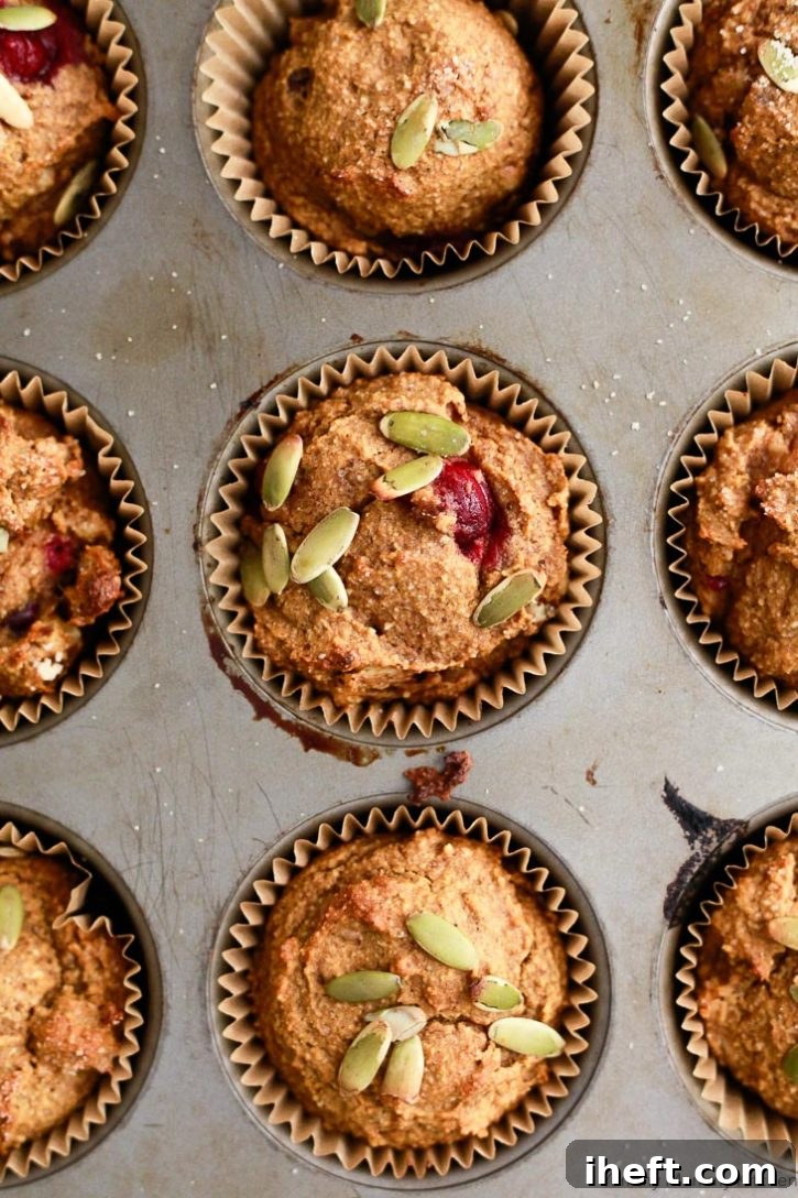 Pumpkin muffins in a tin with fresh cranberries and pepitas. These deliciously healthy pumpkin muffins are vegan and gluten free. 
