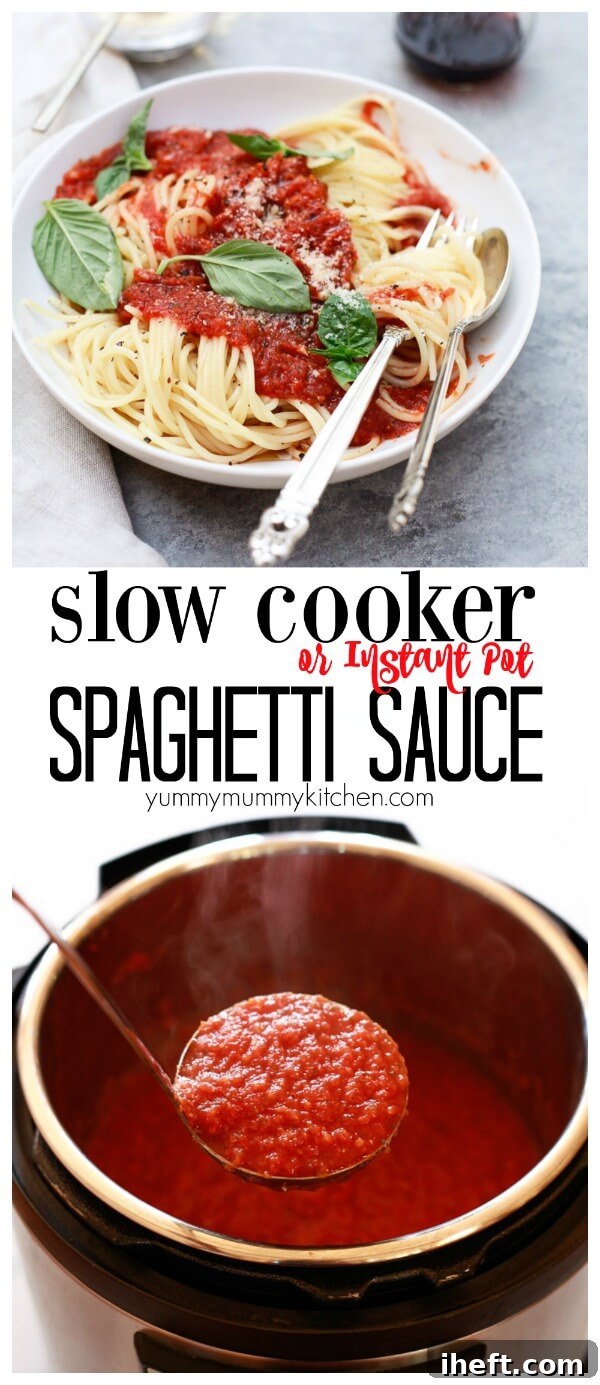 A stunning overhead shot of crockpot spaghetti sauce being made from scratch, showcasing its rich texture and vibrant colors before serving. This delicious slow cooker or instant pot marinara is incredibly easy, loaded with veggies, and contains no added sugar or oil.