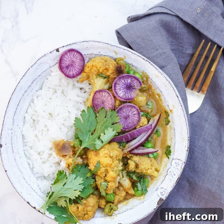 Easy Instant Pot Indian Gobi Matar Korma Cauliflower and Pea Coconut Curry.