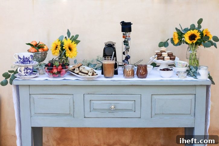 A charming coffee and dessert bar elegantly arranged on an antique console table for a party.