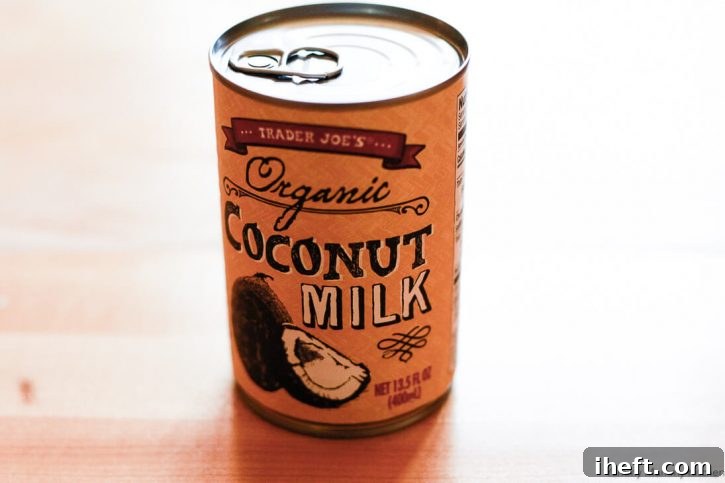 A can of Trader Joe's Organic coconut milk to be used in creamy vegan lentil soup. 
