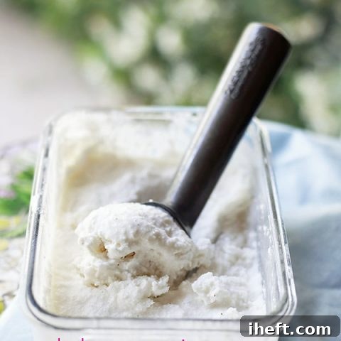 Scoops of homemade simple vegan coconut ice cream in a bowl.