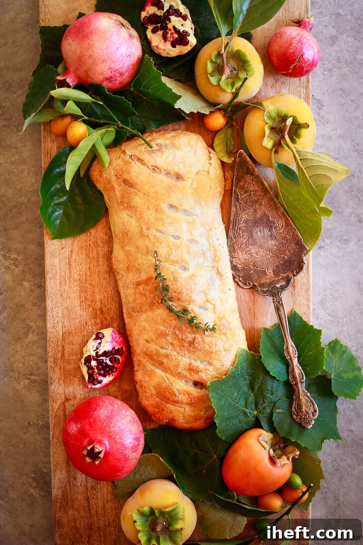 This elegant vegetarian Wellington recipe features a flaky puff pastry crust generously filled with savory portobello mushrooms, tender spinach, and sweet butternut squash, making it an ideal vegan holiday dinner for Thanksgiving or Christmas.