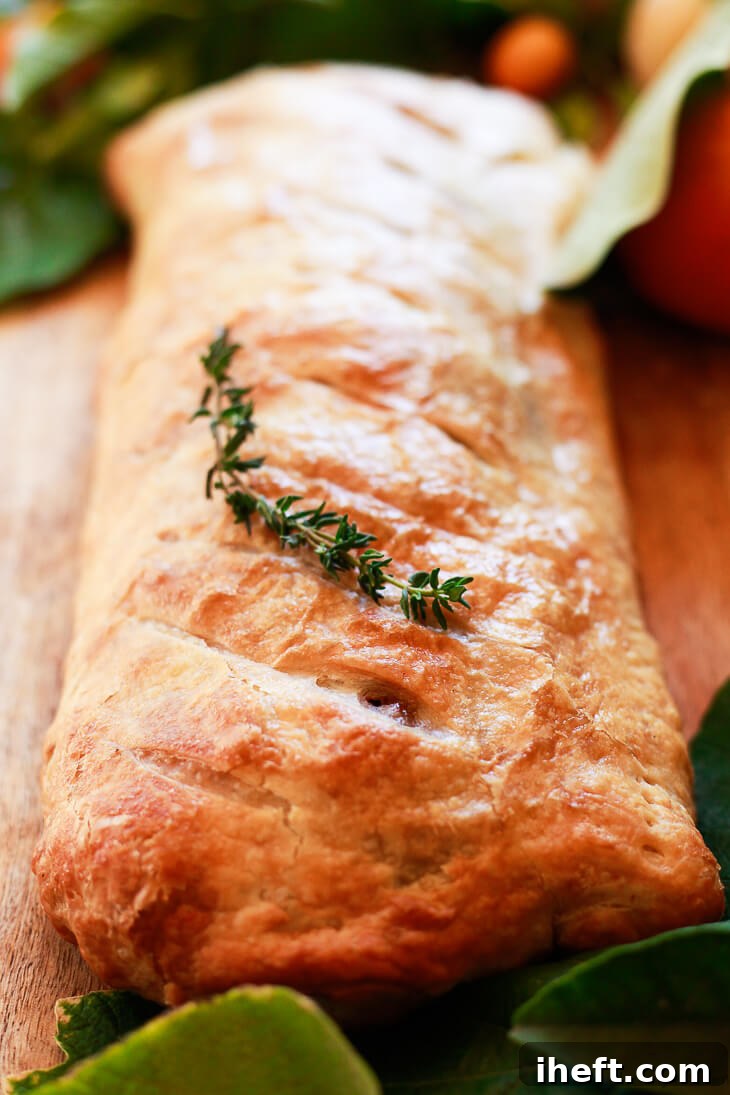 A freshly baked vegetarian mushroom Wellington emerging from the oven, boasting a stunning golden-brown crust that promises a crisp and delightful texture.