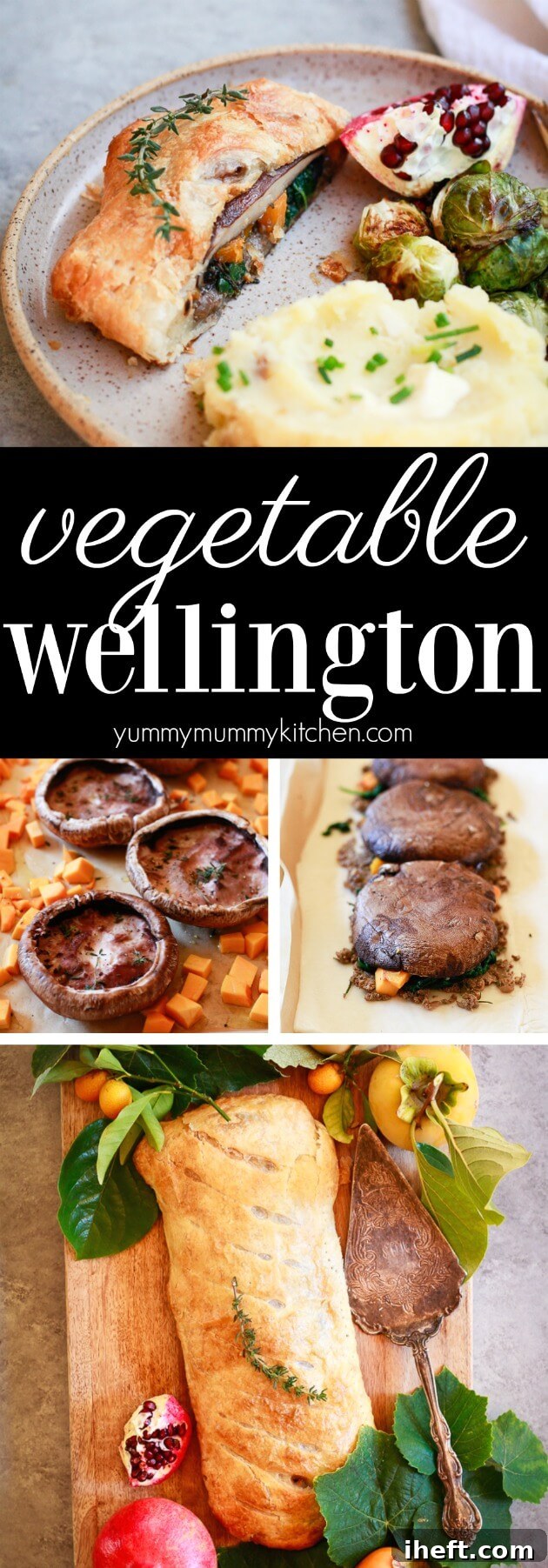 A stunning Vegetarian Wellington recipe, richly filled with mushroom duxelles, roasted portobello mushrooms, tender butternut squash, and fresh spinach, presented beautifully for a festive vegan Thanksgiving or Christmas dinner. #vegetarian #vegan #Thanksgiving #Christmas #dinner #WellingtonRecipe