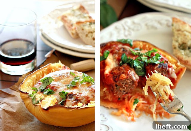 Baked spaghetti squash boats with marinara, meatballs, and cheese. 