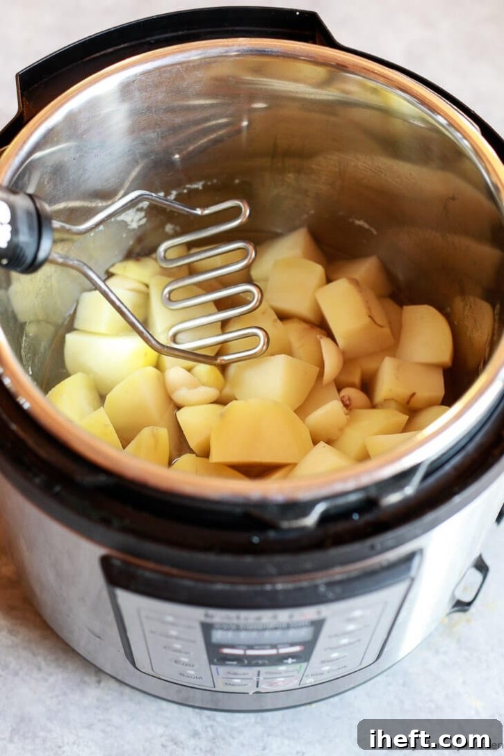 Cooked potatoes and garlic in a pot with a potato masher. 
