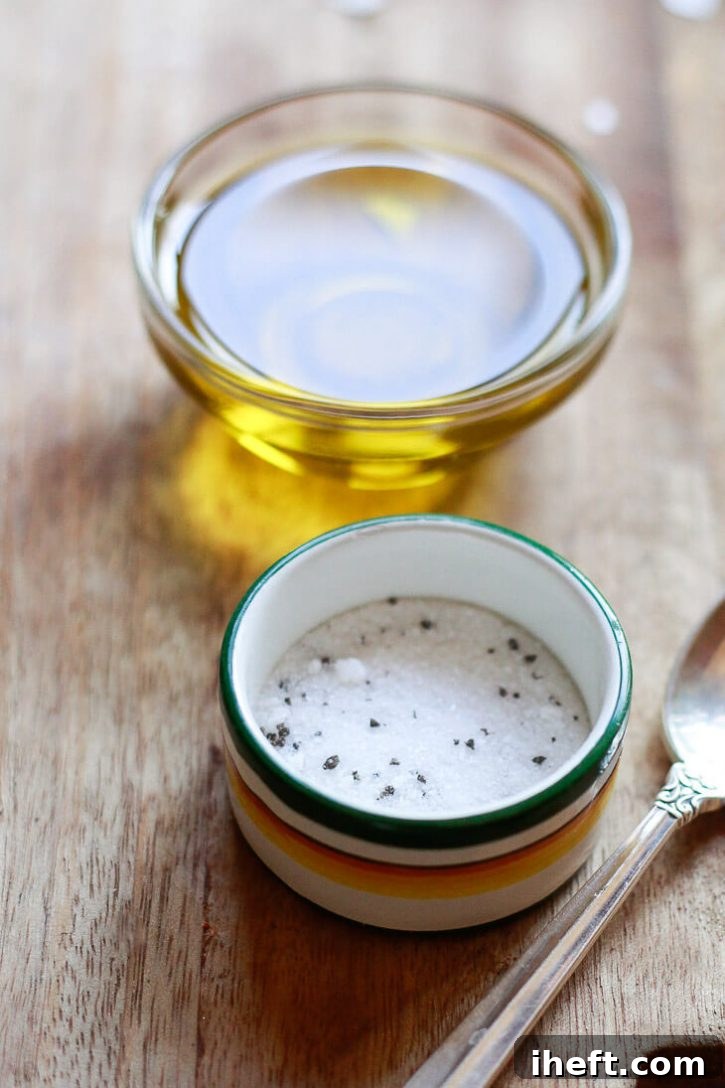 Small bowls of olive oil and truffle salt. These two ingredients make the best vegan mashed potatoes! 