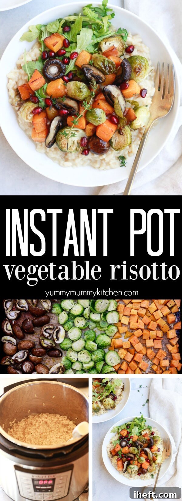 Easy Instant Pot risotto with roasted vegetables including mushrooms, Brussels sprouts, and butternut squash. This vegetable risotto made in the pressure cooker is such a beautiful, healthy, vegetarian, vegan, and gluten-free dinner. It's perfect for busy weeknights but beautiful enough for a vegan Christmas dinner. 