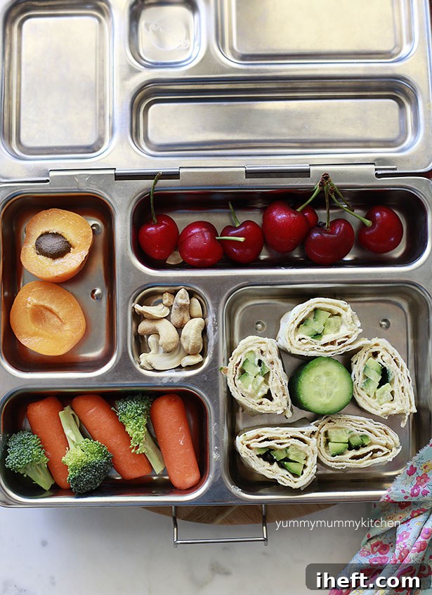 Variety of healthy travel food for kids packed in colorful bento boxes.