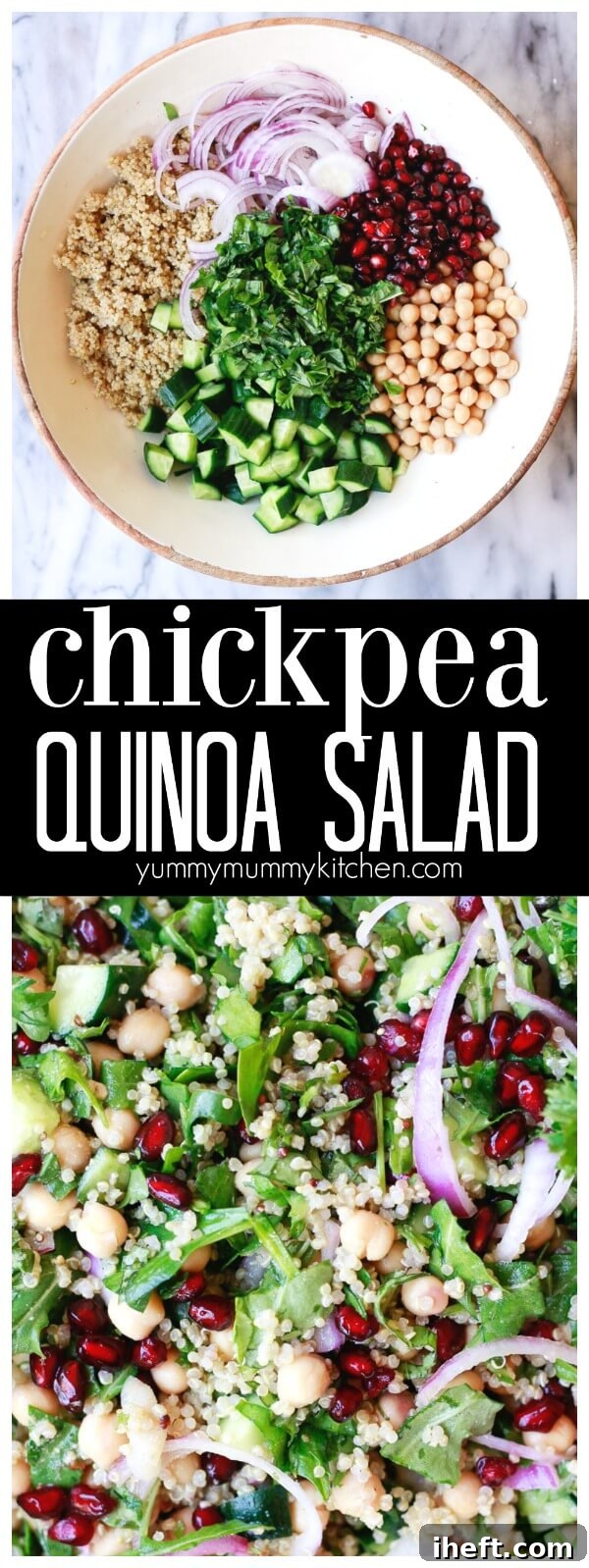 A hearty chickpea quinoa salad, rich in plant-based protein, presented as an ideal vegan and gluten-free meal prep lunch, featuring avocado, pomegranate, and spinach.