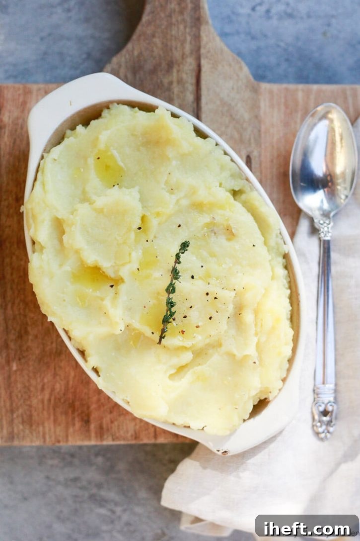 A dish full of vegan olive oil mashed potatoes. 