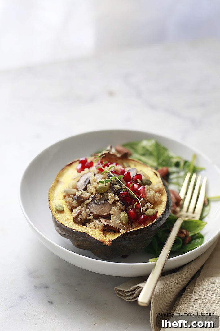 Mushroom Quinoa Stuffed Acorn Squash is a beautiful and healthy vegan main course for Thanksgiving or Christmas. 