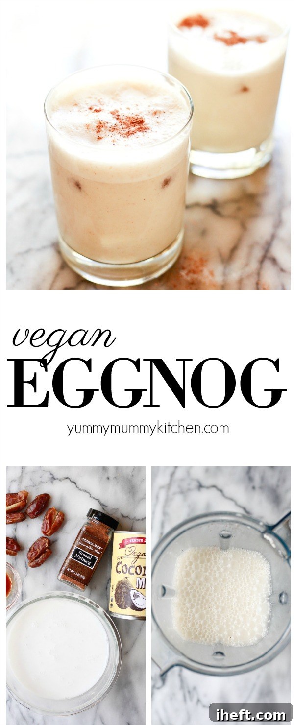 The best vegan eggnog recipe. This vegan eggnog is made with almond milk and coconut milk and sweetened naturally with dates. It's refined sugar free, dairy free, egg free, and vegan! Vegan eggnog is the best holiday Christmas drink. Keep it virgin or add a splash of rum or bourbon for a grown up cocktail. 