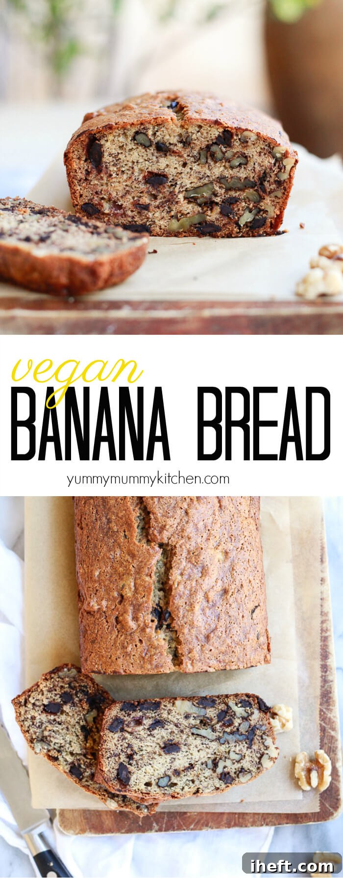 A beautiful display of a whole loaf of vegan banana bread, and several slices revealing its moist texture, walnuts, and chocolate chips.