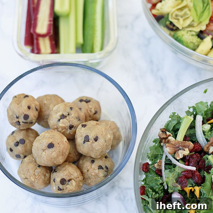 Healthy vegan meal prep ideas include energy balls, salad, pasta salad, and cut veggies. 