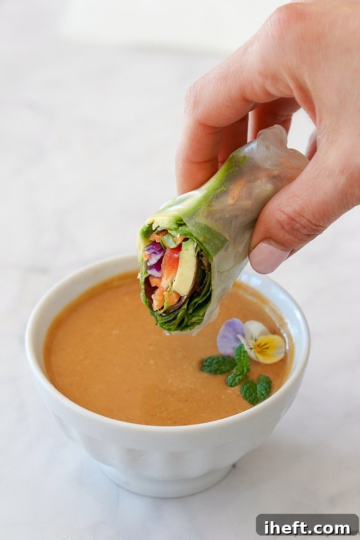 Vegan rice paper spring or summer rolls with peanut sauce. 
