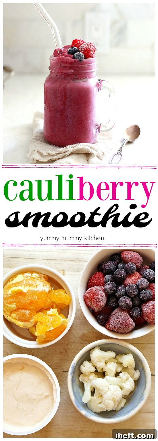 A delicious and incredibly nutritious cauliflower smoothie elegantly presented in a tall glass, expertly crafted with fresh orange, a medley of frozen berries, creamy vegan yogurt, and stealthy frozen cauliflower. This is a fantastic and easy way to encourage kids to eat more vegetables without them knowing!