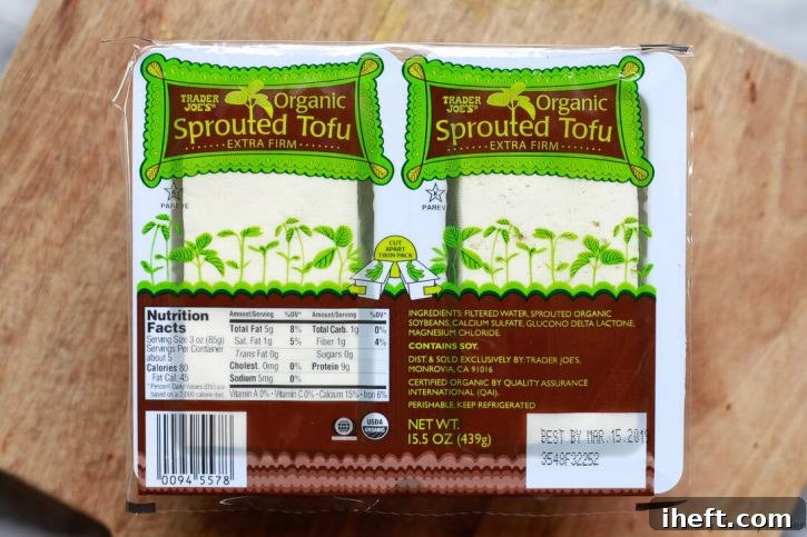 A package of Trader Joe's organic sprouted extra firm tofu, ideal for making perfectly textured baked tofu.