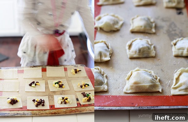 Assembling vegetable empanadas with wonton wrappers and filling