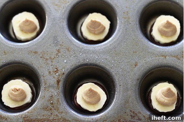 Ingredients for peanut butter filling: peanut butter, Greek yogurt, and sweetener in small bowls.