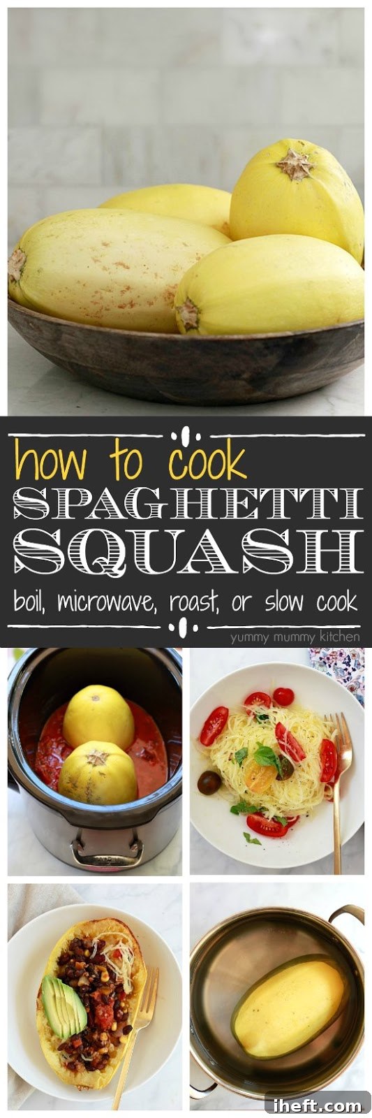 A visual summary of the best and easiest ways to cook spaghetti squash, showcasing results from oven, slow cooker, microwave, and boiled methods.