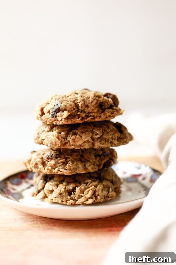 A stack of chewy classic oatmeal raisin cookies on a small plate. These perfect oatmeal cookies are vegan and gluten free. 
