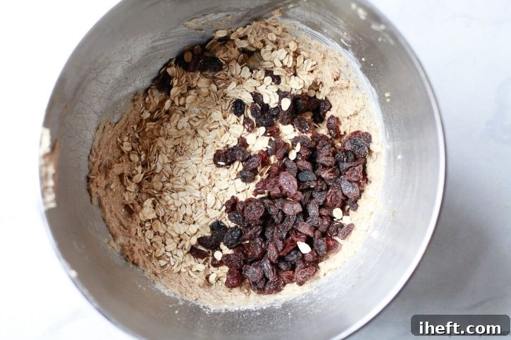 Rolled oats and raisins are added to gluten free vegan oatmeal cookie batter. 