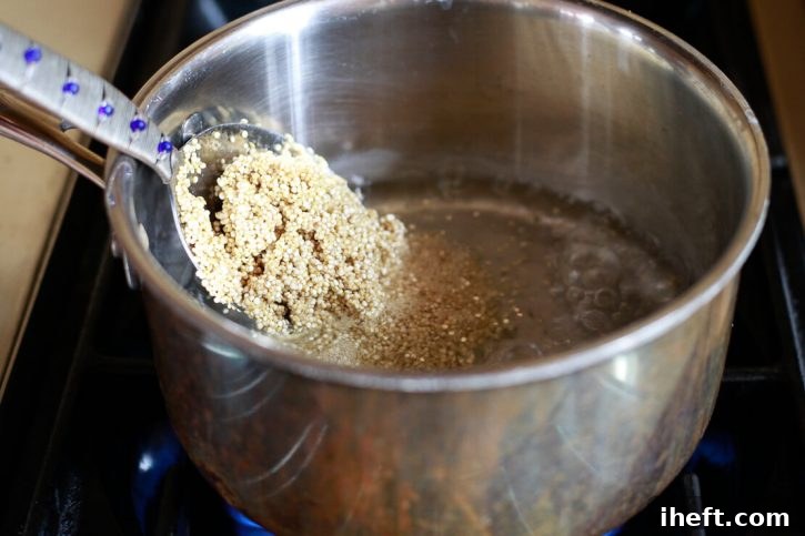 A large spoon of rinsed quinoa is added to a saucepan of water. 