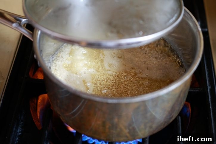 A saucepan filled with quinoa and water is covered with a lid on the stove to cook quinoa. 