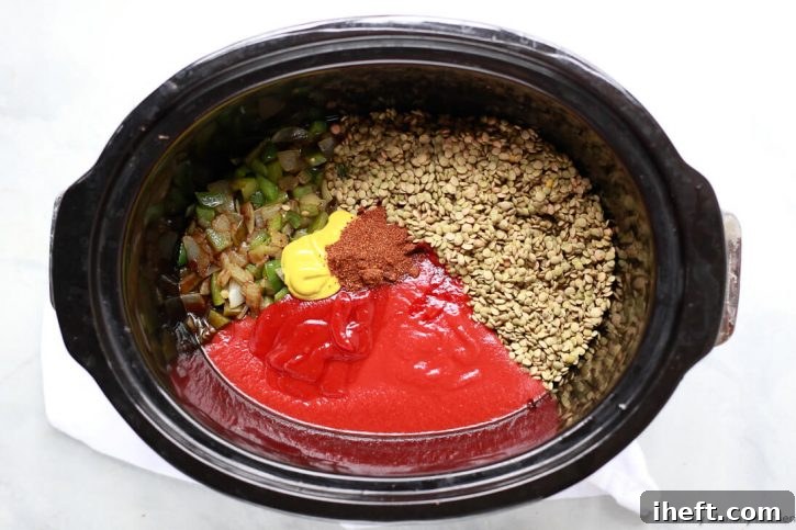 The ingredients for vegan lentil sloppy joes in a slow cooker crockpot. Dried lentils, tomato sauce, onions and peppers, spices, ketchup and mustard. 