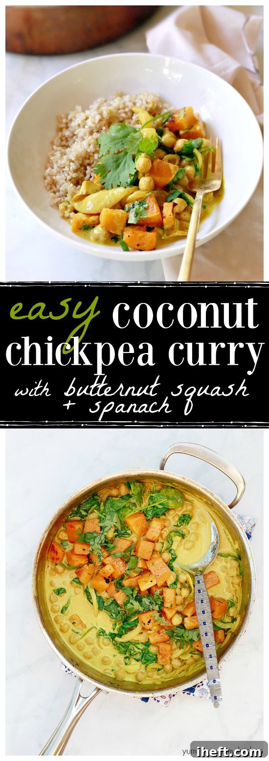 This easy coconut chickpea curry is such a delicious and nourishing vegan meal! I love the roasted butternut squash and fresh spinach in here!