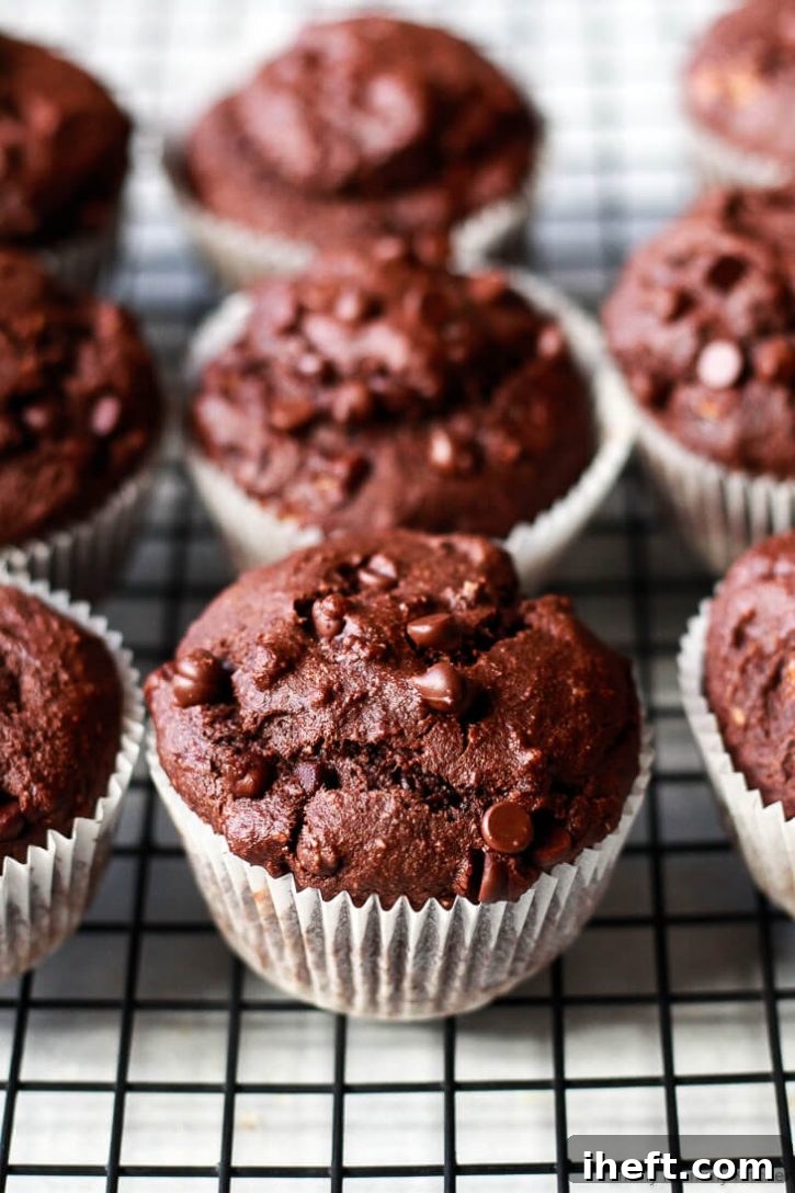 Chocolate muffins with chocolate chips with white muffin liners on a cooling wrack. These healthier chocolate banana muffins are so delicious you won't believe they're vegan and gluten free.