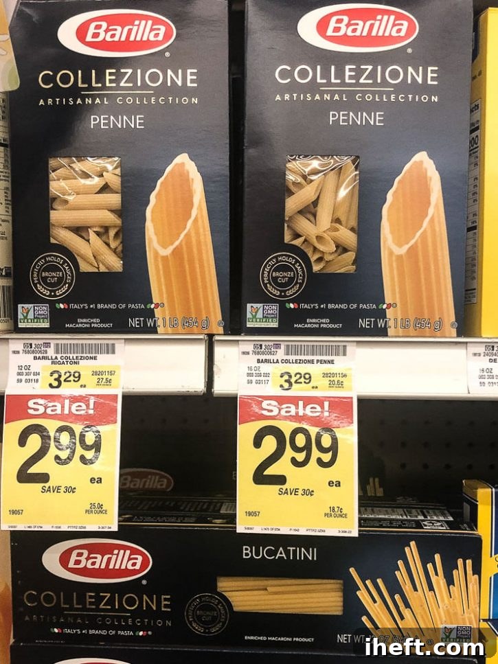 boxes of Barilla Collezione penne and bucatini in an Albertson's grocery store. 