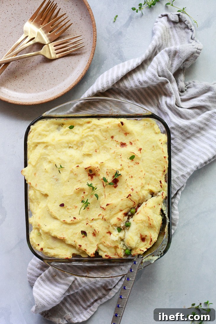 A wholesome vegan shepherd's pie, generously made with nutrient-rich lentils, vibrant vegetables, and a golden mashed potato topping. A perfect comfort food for Thanksgiving, Christmas, or any vegan or vegetarian meal.