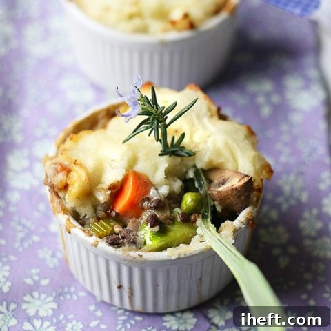 Vegan Lentil Shepherd's Pie with a golden mashed potato topping, garnished with fresh herbs, ready to be served.