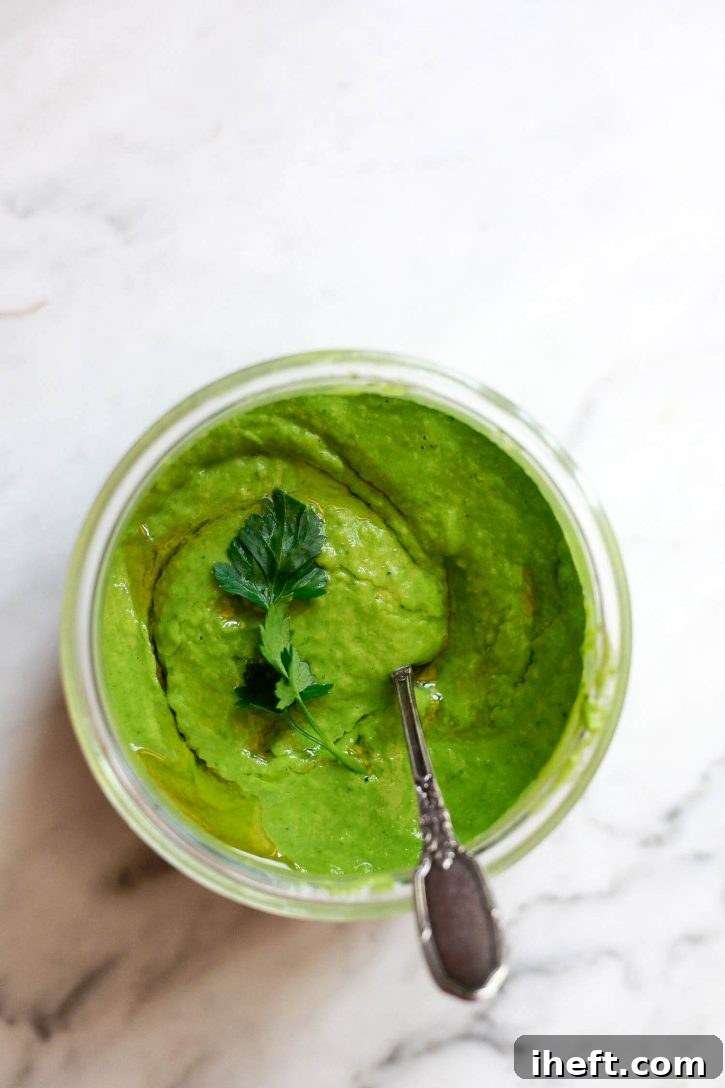 A small, elegant bowl brimming with freshly made vegan avocado Green Goddess dressing, rich in its vibrant green hue and creamy texture, rests invitingly on a clean white marble countertop, highlighting its fresh appeal.