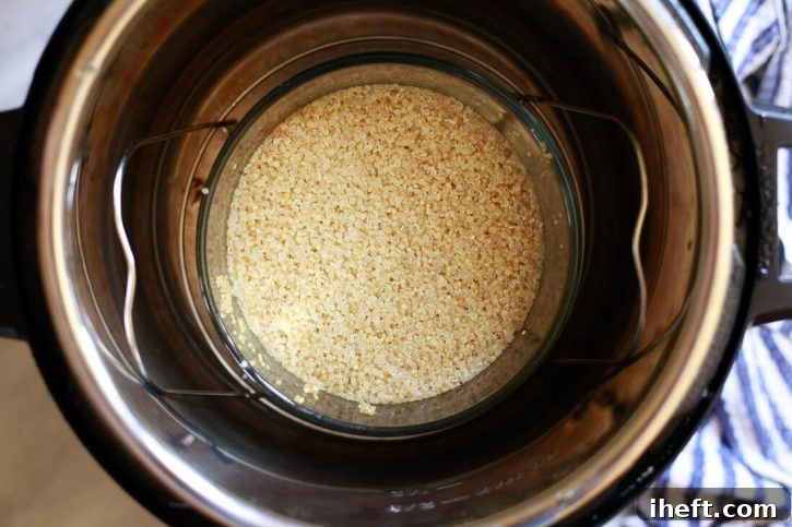 A pot of cooked quinoa in an Instant Pot pressure cooker. 