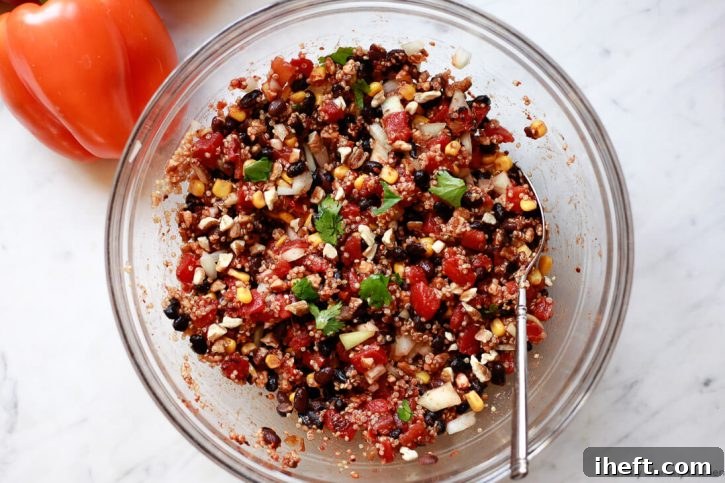 The filling for vegetarian quinoa stuffed bell peppers in a bowl. 