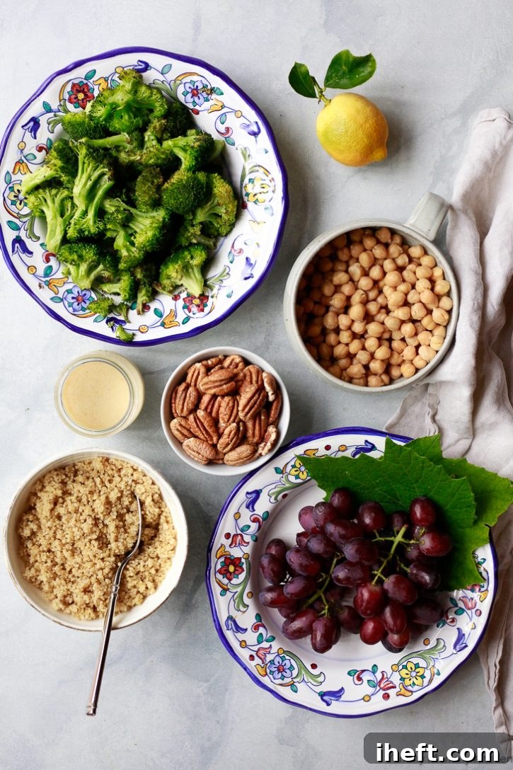 A vibrant selection of fresh ingredients laid out on a clean white kitchen counter for vegan meal prep bowls. Included are a bowl of cooked quinoa, a handful of plump red grapes, fresh green broccoli florets, a pile of wholesome chickpeas, and a generous scattering of American pecans, alongside a small jar of homemade lemon vinaigrette dressing.